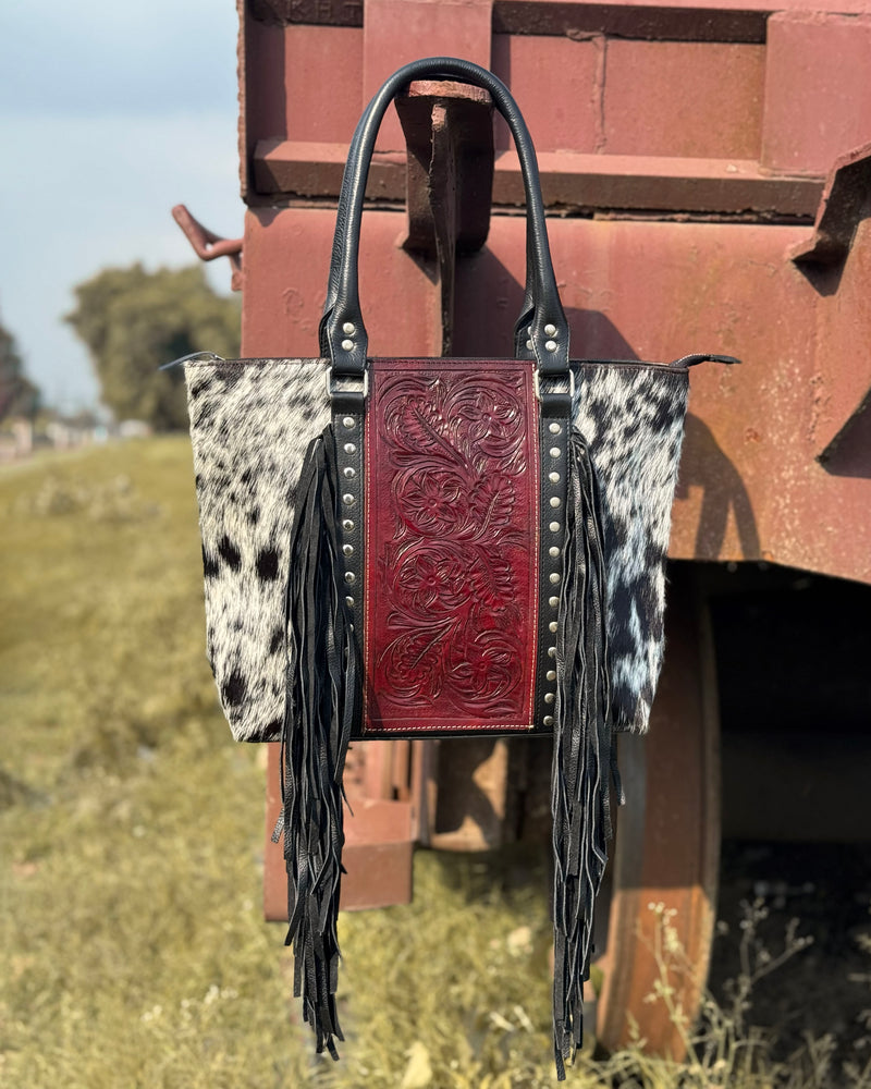 Handcrafted Black Cowhide Fringe Tote with Tooled Leather Panel