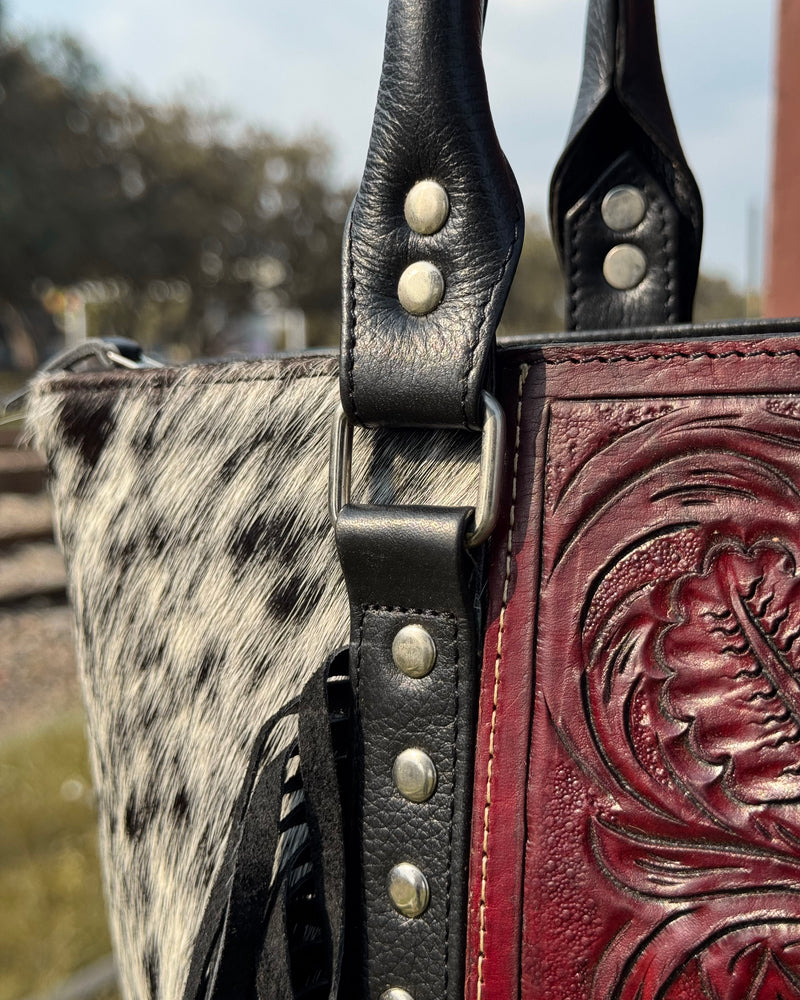 Handcrafted Black Cowhide Fringe Tote with Tooled Leather Panel