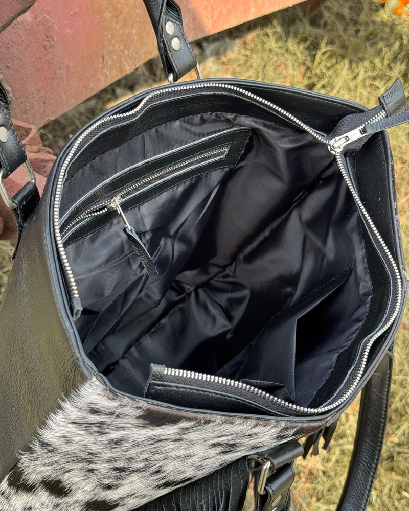 Handcrafted Black Cowhide Fringe Tote with Tooled Leather Panel