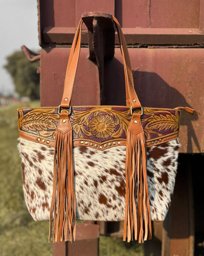 Brown & White Cowhide Leather Fringe Tote Bag