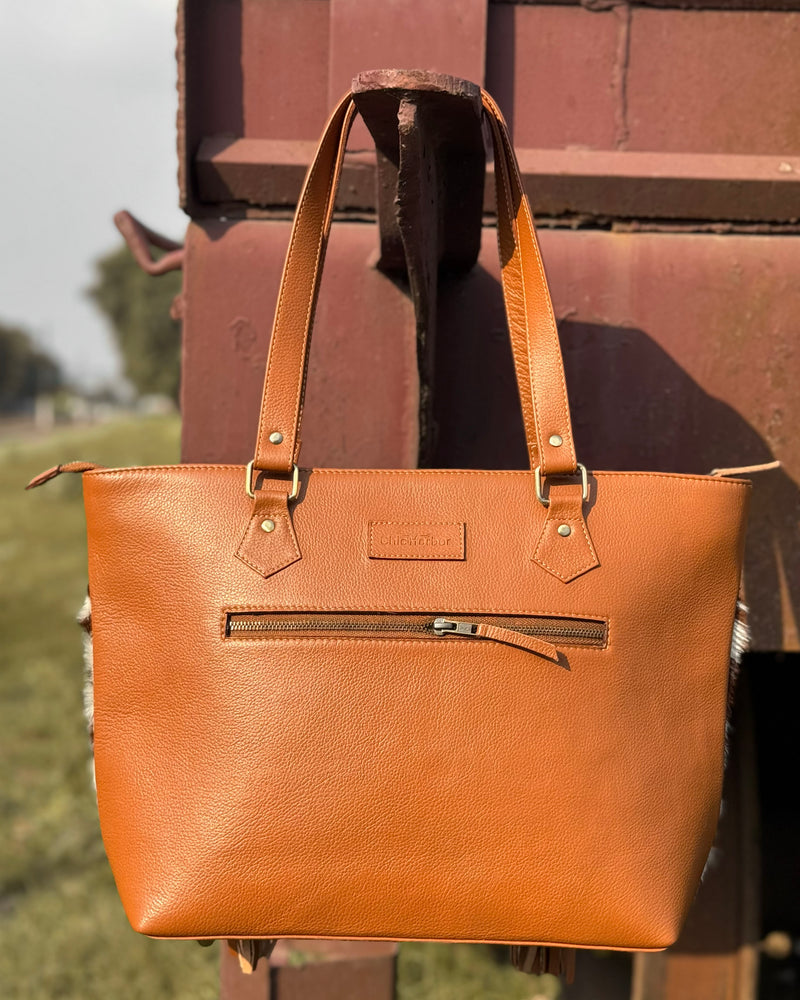 Brown & White Cowhide Leather Fringe Tote Bag