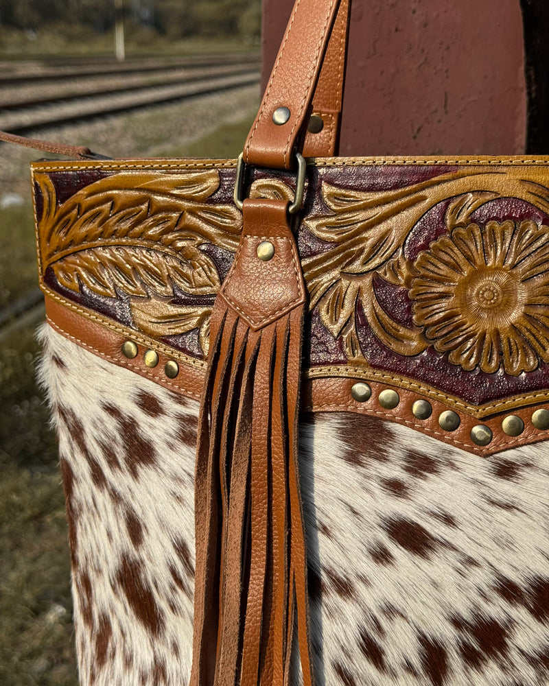 Brown & White Cowhide Leather Fringe Tote Bag