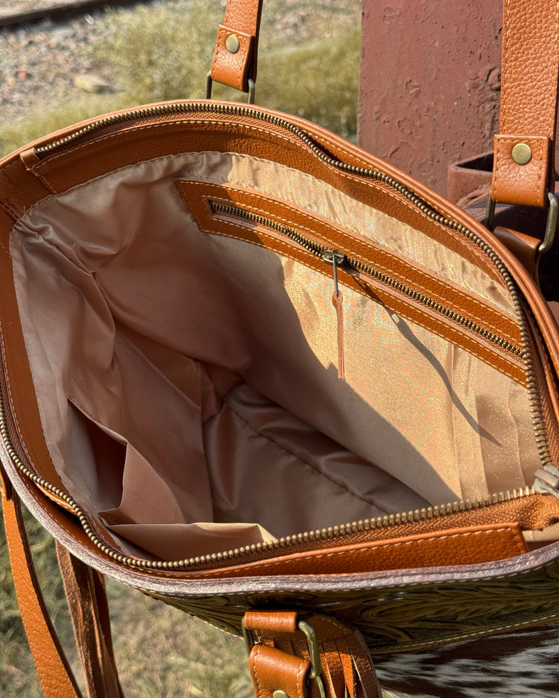 Brown & White Cowhide Leather Fringe Tote Bag