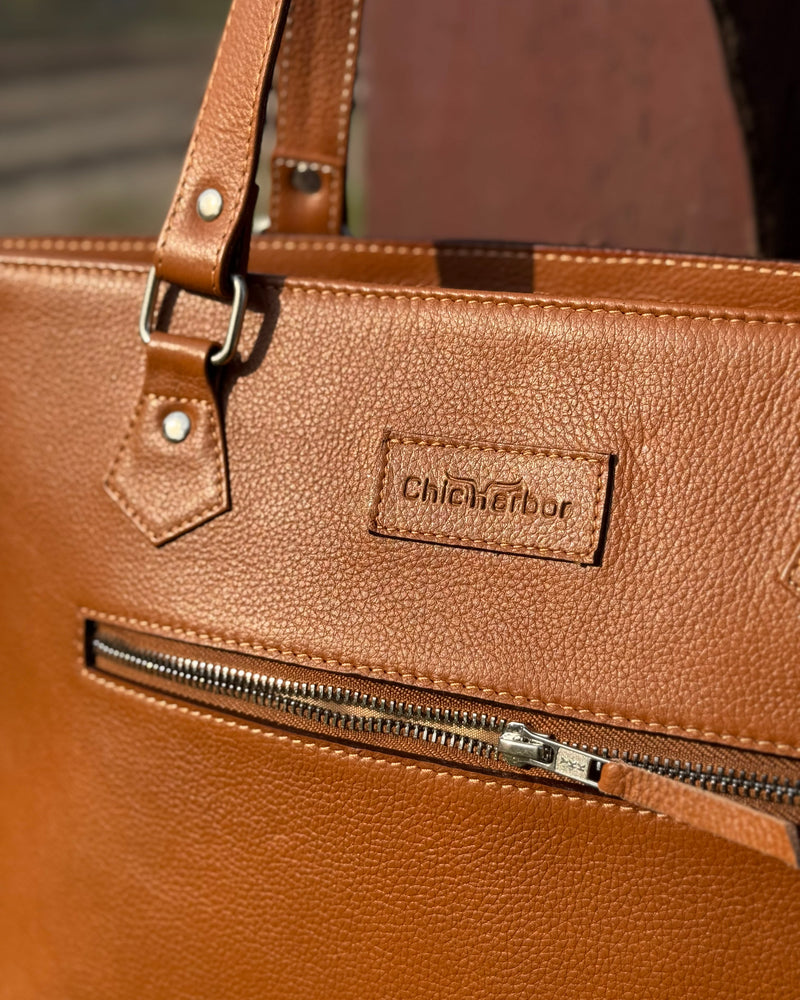 Luxury Cowhide Tote with Floral Tooled Leather Accent