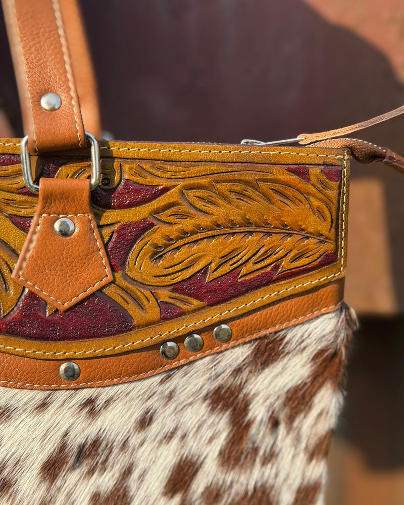 Luxury Cowhide Tote with Floral Tooled Leather Accent