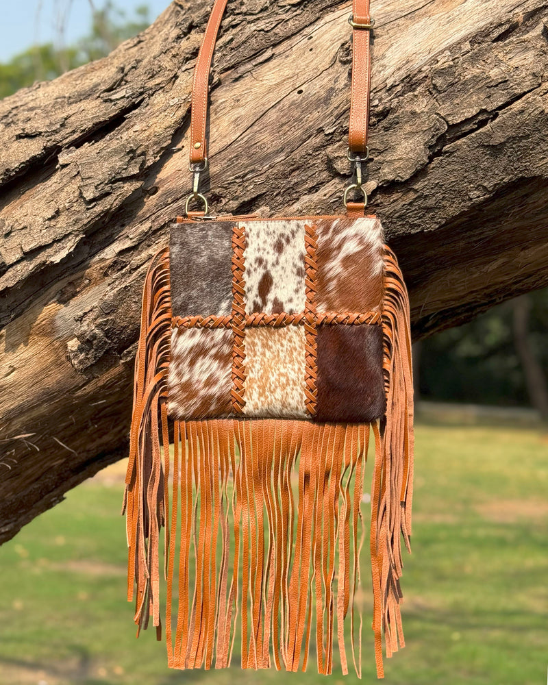 Cowhide Patchwork Fringe Crossbody Bag – Genuine Leather