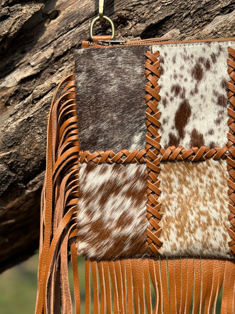 Cowhide Patchwork Fringe Crossbody Bag – Genuine Leather