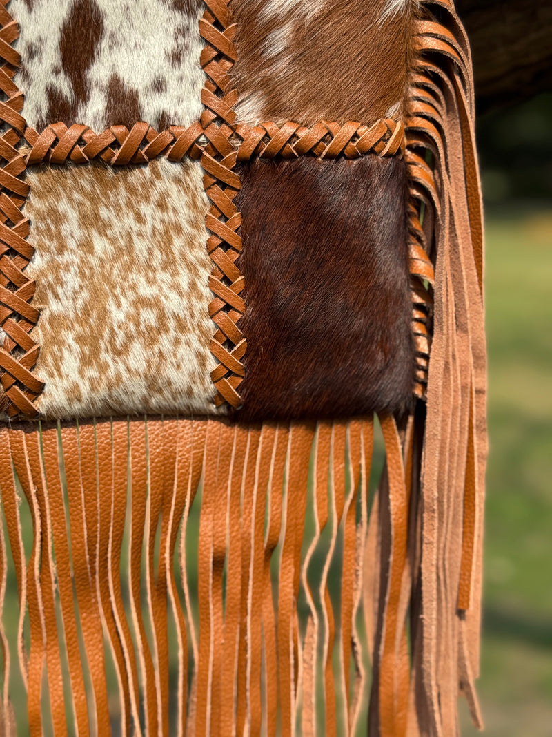 Cowhide Patchwork Fringe Crossbody Bag – Genuine Leather