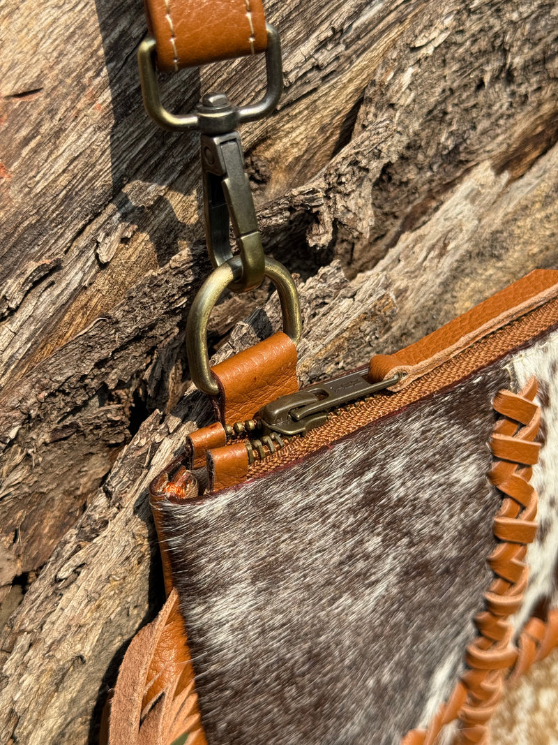 Cowhide Patchwork Fringe Crossbody Bag – Genuine Leather