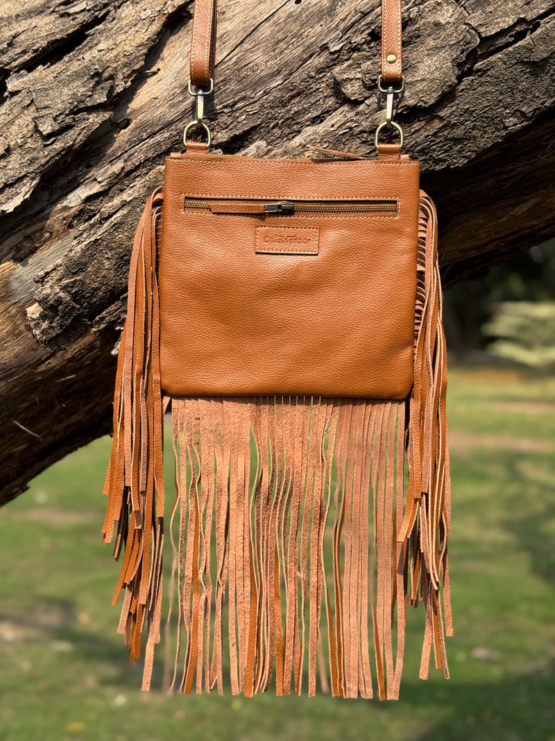 Cowhide Patchwork Fringe Crossbody Bag – Genuine Leather