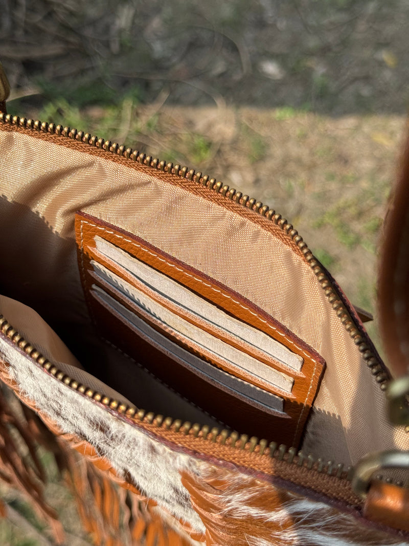 Cowhide Patchwork Fringe Crossbody Bag – Genuine Leather