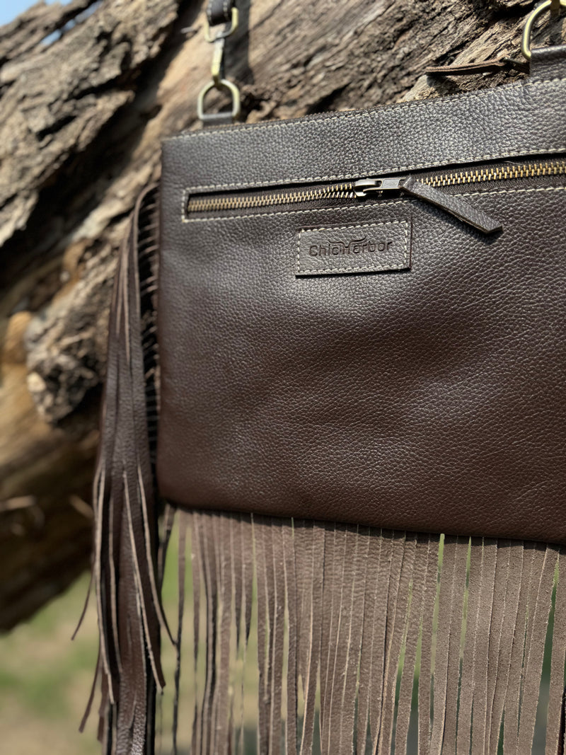 Cowhide Patchwork Fringe Crossbody Bag – Genuine Leather