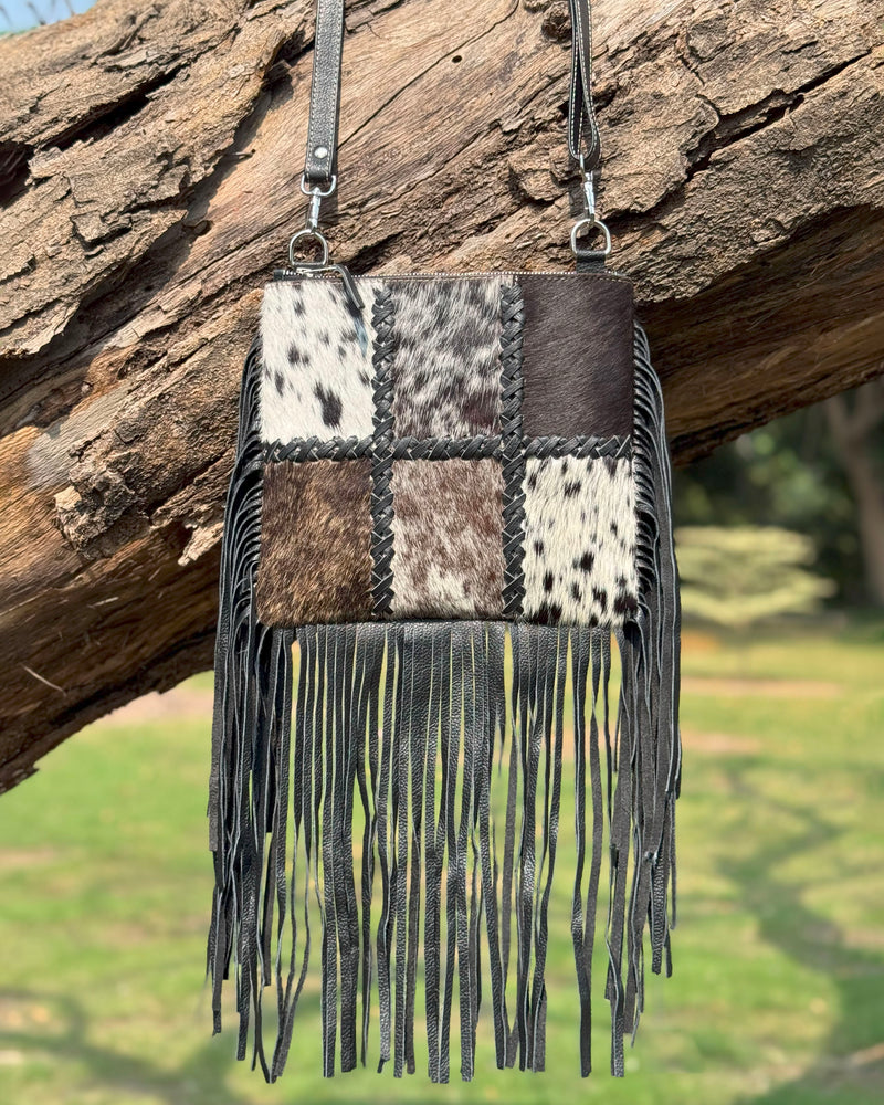 Cowhide Patchwork Fringe Crossbody Bag – Genuine Leather