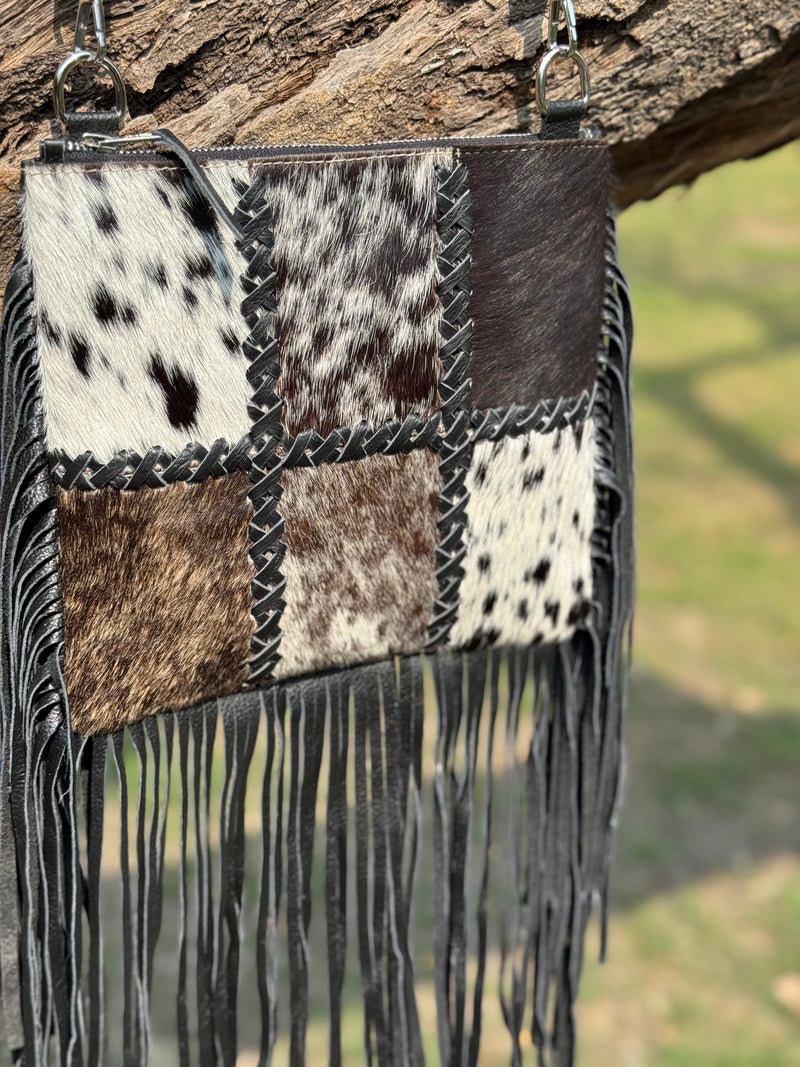 Cowhide Patchwork Fringe Crossbody Bag – Genuine Leather