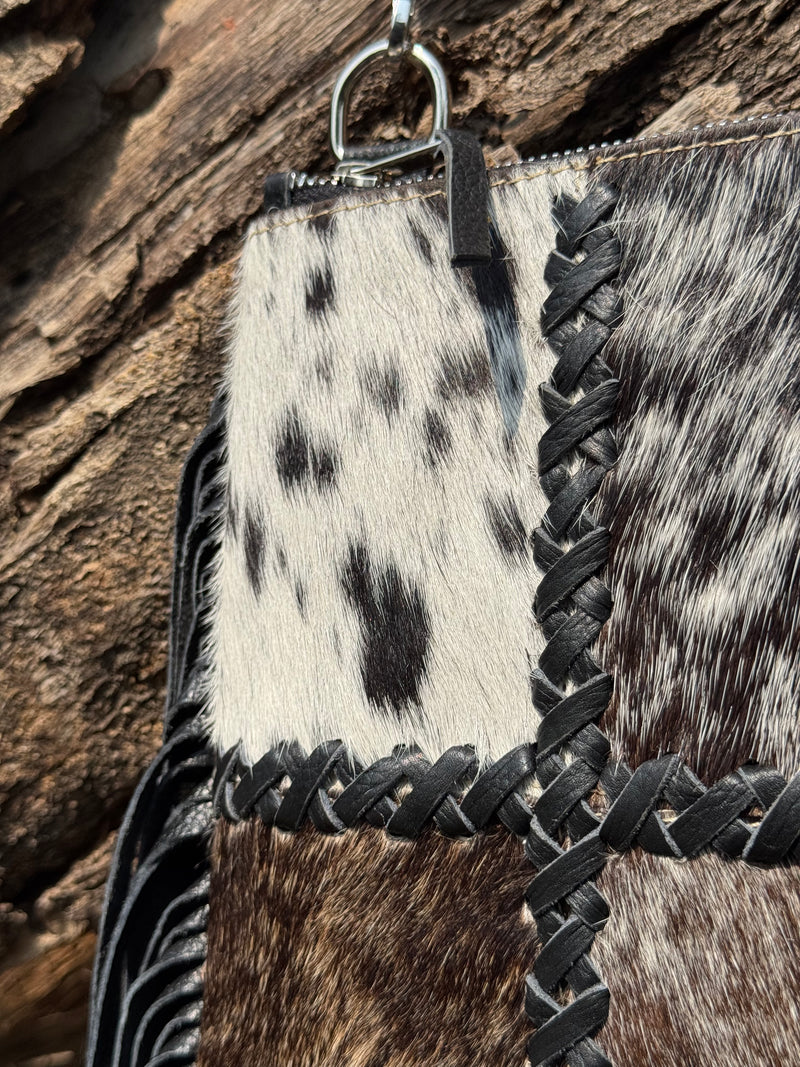 Cowhide Patchwork Fringe Crossbody Bag – Genuine Leather