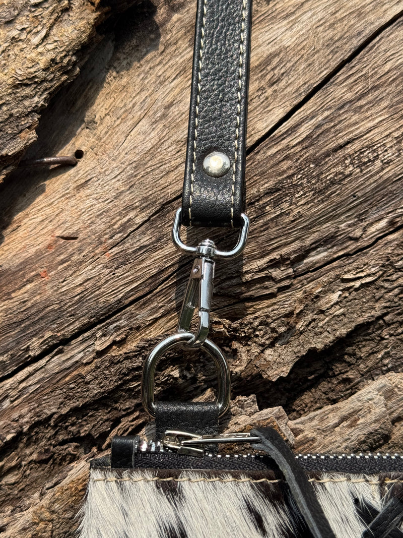 Cowhide Patchwork Fringe Crossbody Bag – Genuine Leather