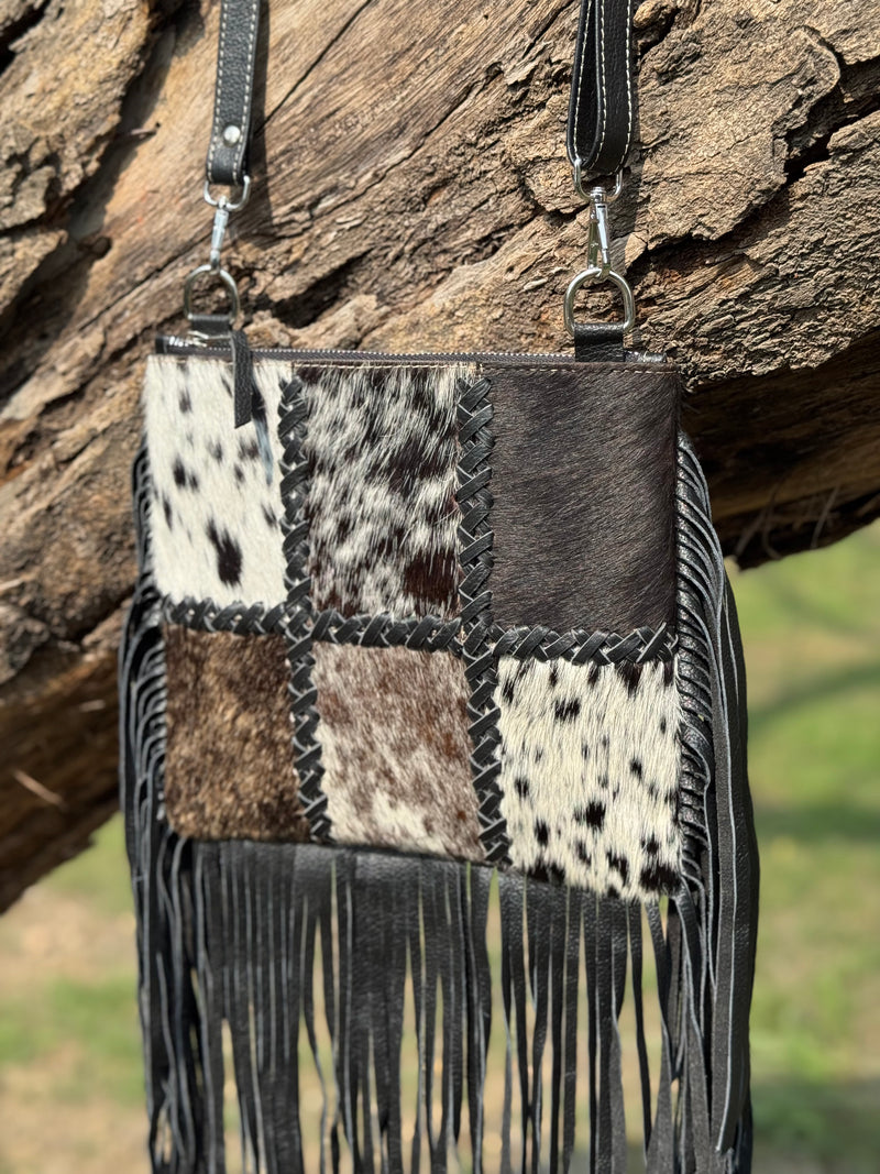 Cowhide Patchwork Fringe Crossbody Bag – Genuine Leather