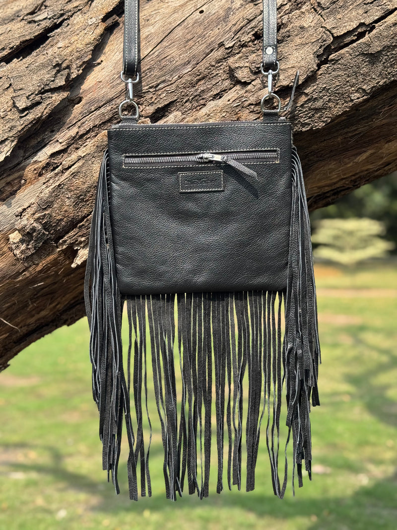 Cowhide Patchwork Fringe Crossbody Bag – Genuine Leather