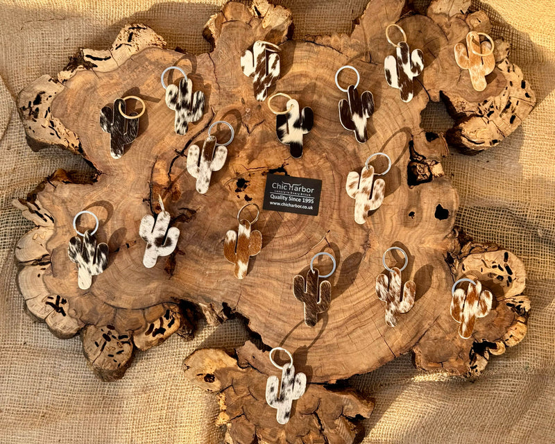 Rustic Cowhide Cactus Leather Key Tag
